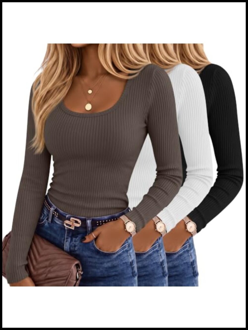 Ribbed Cotton Long Sleeve Scoop Neck Slim Fit T-Shirts 3 Pack